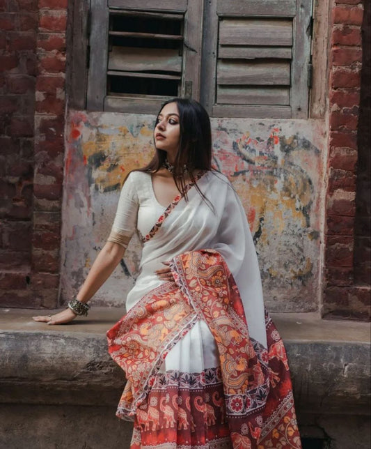 Digital Design Linen Saree with Blouse & Fumka